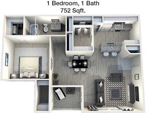 A 3D floor plan of a 1 bedroom, 1 bath apartment that is 752 square feet.